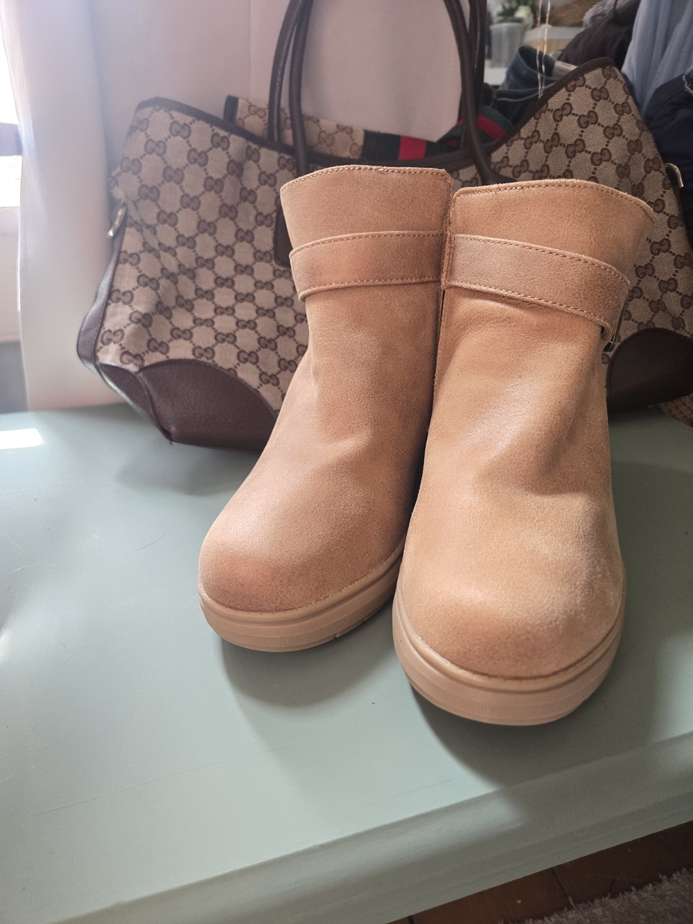Bobs Skechers Suede Platform Ankle Boots - Light Brown